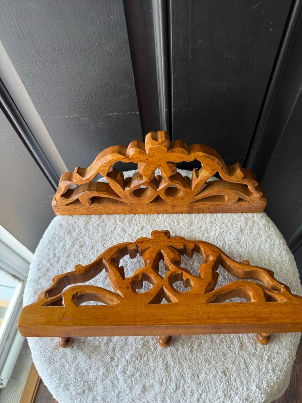 Vintage Pair Ornate Carved Wood Wall Hook - Honey Brown